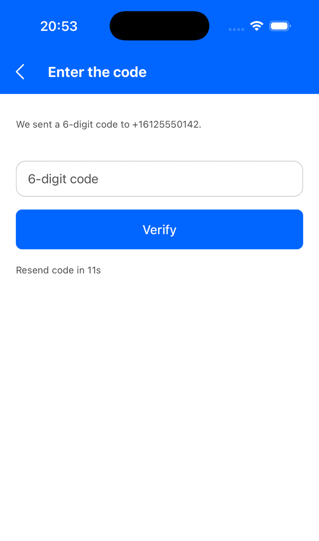 Cadre app — 6-digit verification code entry screen